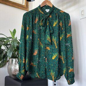 J. Crew Jungle Safari Print‎ Novelty Bow Top Blouse/Shirt Sz M Button down Green